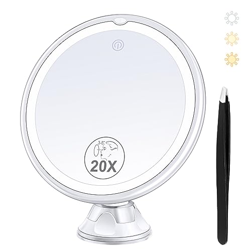 MIYADIVA 20X Magnifying Mirror with Light, Lighted Magnifying Mirror with Suction Cup and Tweezers, 3 Color Magnifying Makeup Mirror, 360 Rotatio