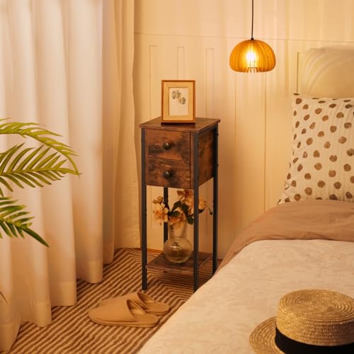 HOOBRO Narrow Bedside Table, Small Bedside Table Set of 2, Telephone Table with 2 Drawers, Slim Side Table with Metal Frame, Tall Nightstand with