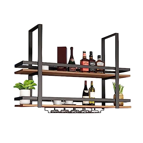 Hanging Wine Rack, Metal Ceiling Bar Wine Glass Rack with Glass Holder and Shelf 3-Layer Industrial Wall Mounted Wine and Glass Rack for Bars Res