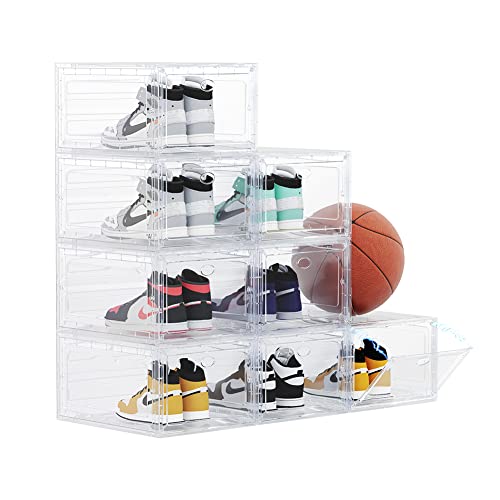 OMOPIN Clear Plastic Shoe Boxes Stackable, 10 Pack Drop Front Shoe Box, Shoe Storage Box, Sneaker Storage Shoe Containers for Size 12 (Clear 10pa