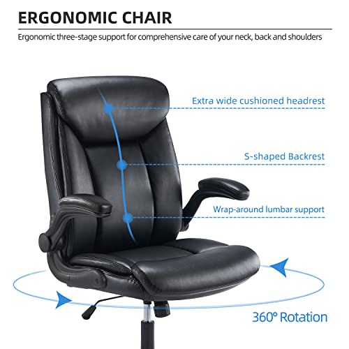 MZLEE Executive Office Chair, Ergonomic Computer Desk Chair PU Leather Swivel Work Chair with Flip-up Armrest, Adjustable Height, Comfy for Offic