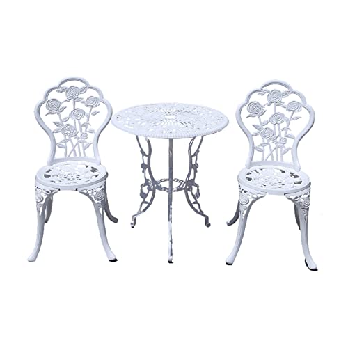 Outdoor Furniture Bistro Set with Rose Pattern 1 Table 2 Chairs for Garden Patio Porch (Rose-White)