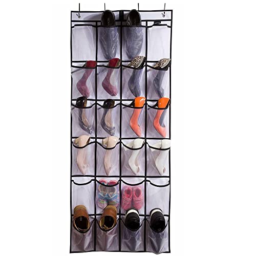 plastific Over the Door Shoe Storage Organiser Hanging Shoe Rack Holder Bag Wall Mounted with 24 Large Mesh Pockets for Wardrobe Door Slippers Ti