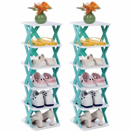 Soaoo 2 Pcs 32.3 Inch 6 Tier Shoe Organizer Small Shoe Rack for Entryway Foldable Narrow Shoe Rack Shoe Stand Plastic Storage Shelf Vertical Shoe
