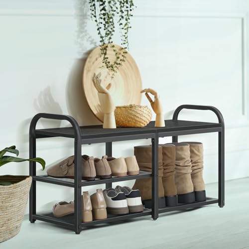 NORCEESAN Shoe Rack Bench for Entryway Shoe Organizer for Closet Black Bench with Shoe Storage Freestanding Shoe Rack with Mesh Shelves and Woode