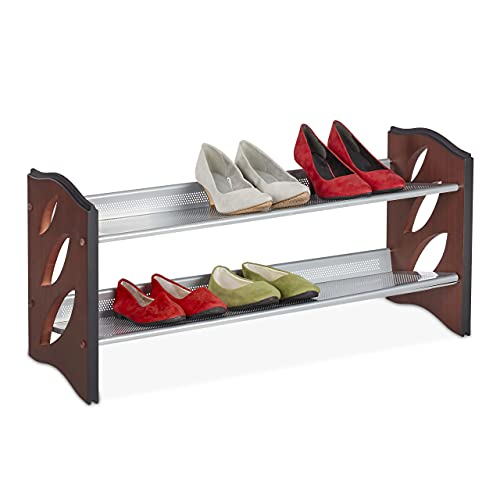 Relaxdays Stackable Shoe Rack for Hallway and Hallway - 2 Tier for 8 Pairs of Shoes, MDF, 39 x 81.5 x 28 cm, Brown/Silver