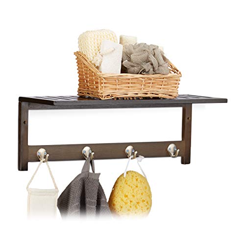 Relaxdays Wall 4 Hooks, HxWxD: 17.5 x 50 x 16 cm, Bamboo, Towel Holder, Hallway Coat Rack, Floating, White, 16 x 50 x 17.5 cm