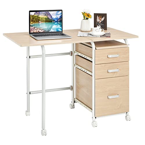 WALNUT Folding Computer Laptop Desk On Wheels Home Office Furniture With 3 Drawers Desk (Color : Argento, Size : 18.5"x20"x29")