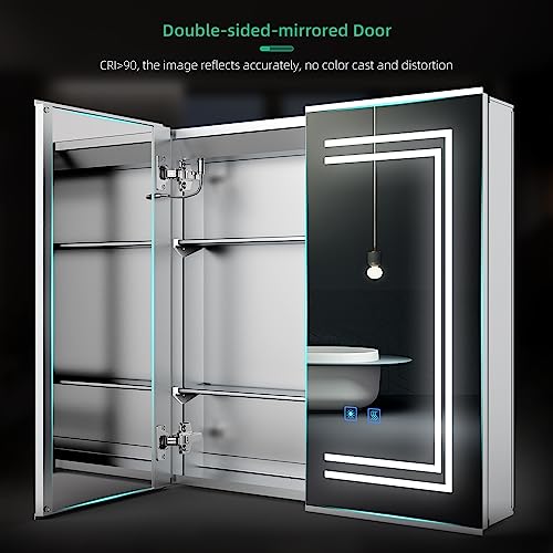 LUMIRRORS® Bathroom Mirror Cabinet with Shaver Socket LED Lights 63x65cm 2-door Dimmer Touch Switch Fogless Aluminum Adjustable Shelves Storage C