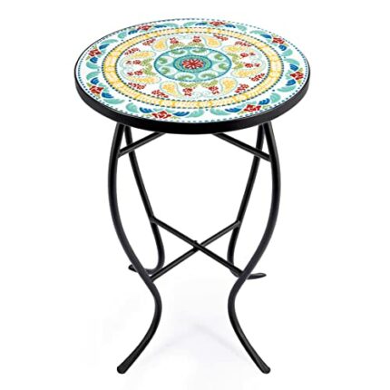 VONLUCE Mosaic Side Table and Plant Stand, 53.5cm Round Side Table with 36cm Ceramic Tile Top, Indoor and Outdoor Accent Table, Outdoor Patio Bis