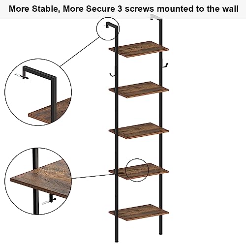 VEDECASA 5 Tiers Bookshelf Wall Mounted Industrial Ladder Shelf Bookcase with Wood and Metal Frame Open Display Shelves for Home Office Living Ro