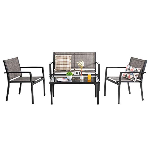 Shintenchi 4 Pieces Patio Furniture Set All Weather Textile Fabric Outdoor Conversation Set, with Glass Coffee Table, Loveseat, 2 Single Chairs f