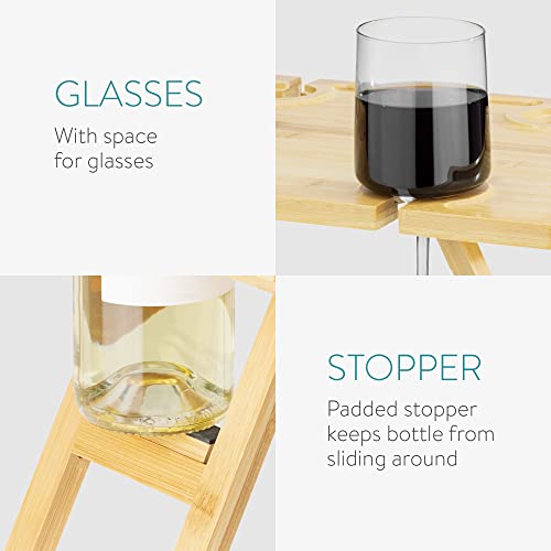 Navaris Portable Wine Picnic Table - Foldable Table with Bottle and Glass Holder - Small Bamboo Outdoor Beach Tray for Adults - Holds 4 Wine Glas