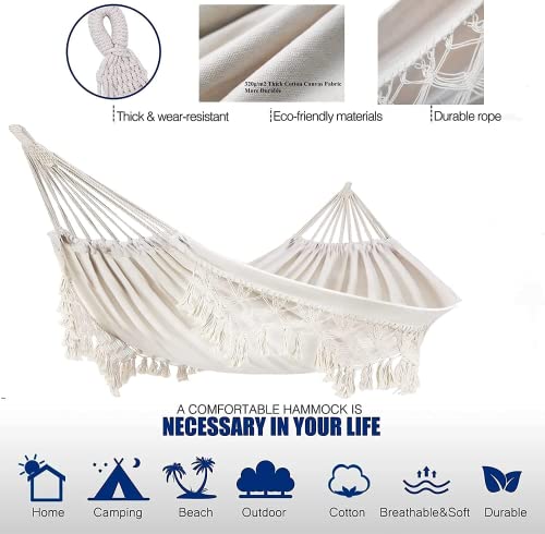 Hammock with Elegant Tassels and Fishtail Knitting 2 Person Garden Cotton Hammock Machine Washable Portable with Carry Bag Hanging Strap,Load 300