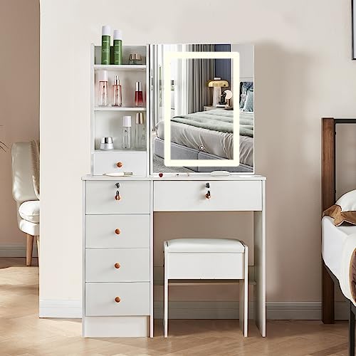 Makeup Vanity Dresser with Mirror and LED Light, 6 Drawers and Shelves Dressing Table with 3 Lighting Modes Brightness Adjustable, Makeup Table w