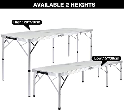 REDCAMP 6ft Folding Camping Table with Adjustable Height, Portable Large Sturdy Lightweight Tri-fold Outdoor Table for Picnic Garden BBQ, 2 Heigh