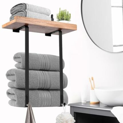 Towel Racks for Bathroom Wall Mounted, Metal Towel Holder with Wooden Shelf & 2 Hooks, Durable Wall Towel Rack Holders for Rolled Bath Towel Smal