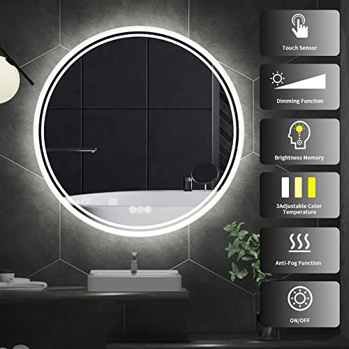 LUVODI LED Bathroom Mirror Round: 600mm Illuminated Dimmable Backlit Lighted Wall Circle Vanity Mirror with Anti Fog + Smart Touch Button Makeup