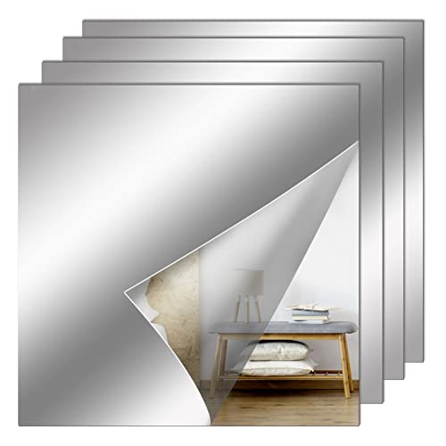Fowecelt Acrylic Mirror Tiles Stick - 4pcs Mirror Full Length for Walls, Stick on Mirrors for Wardrobe Doors, Self Adhesive Mirror for Home Gym,