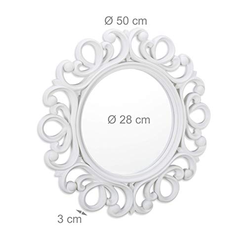 Relaxdays Round Wall Mirror, Decoration for Hallway, Bathroom, Living Room & Bedroom, Frame, Ornament, ∅ 50 cm, White