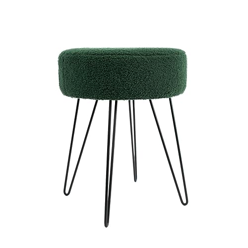 OHS Teddy Fleece Stool Hairpin Boucle Leg Foot Stool Rest Bedroom Upholstered Vanity Dressing Table Chair Round Pouffe - White
