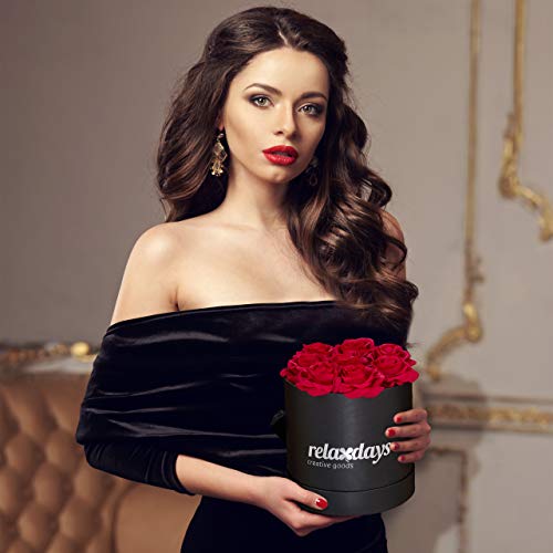 Relaxdays Round Flowerbox with 8 Faux Roses, Black Box, Last 10 Years, Gift, Decorative Bouquet, Red, 17 x 17 x 17 cm