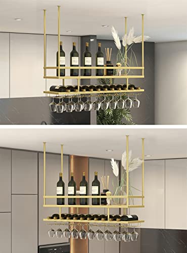 EYLINK 2 Layer Hanging Wine Glass Rack, Vintage Wine Bottle Holder, Ceiling Decoration Wine Glass Rack, Adjustable Height, for Kitchen and Bars,