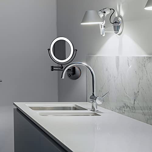 DOWRY Wall Mounted Magnifying Mirror with Light 1x/7x Black Bronze Extendable Illuminated Shaving Mirror 360 ° Rotatable Double Sided Mirror,Diam