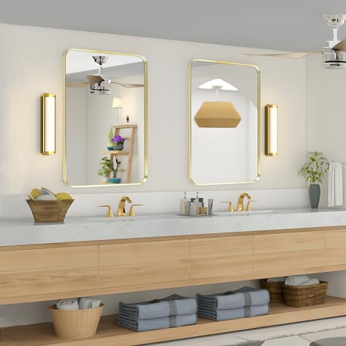 Minuover Wall Mount Mirror for Bathroom, Brushed Gold Metal Framed Rounded Corner Rectangular Vanity Mirror (20" x 30", Gold)