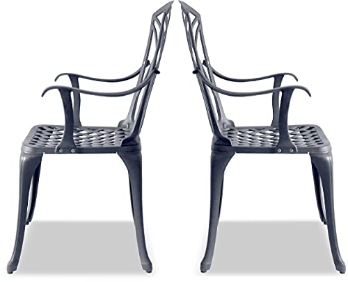 Homeology Oshowa 2-Large Garden & Patio Bistro Chairs with Armrests in Cast Aluminium Grey