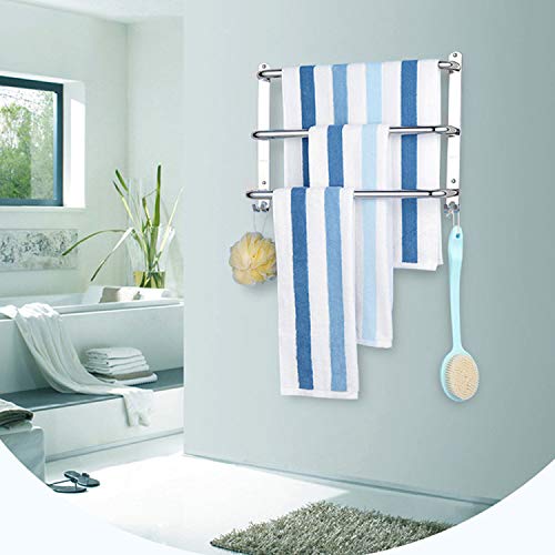 HONPHIER® Towel Rail Chrome 3-Tier Bath Towel Rack with Hooks SUS 304 Stainless Steel Wall Mounted Towel Holder Towel Bar Rail for Kitchen Bathro