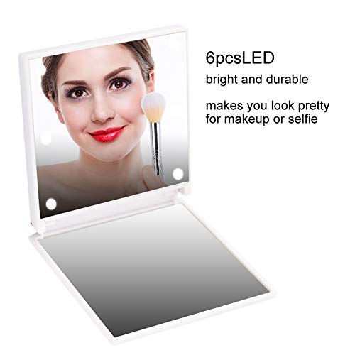 LED Lighted Makeup Mirror, 6 LEDs Handheld Illuminated Compact Mirror Portable Battery Powered Folding Cosmetic Mirror with Light for Women and G