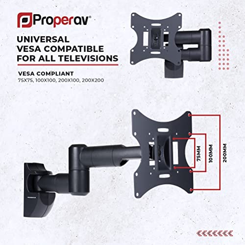 ProperAV Swing Arm TV Wall Bracket 23" 24" 28" 32" 37" 40" 42" 43" Tilt 20° VESA Max 200x200 Dual Pivot Black