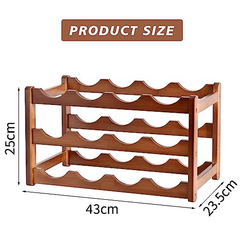 LASIEYO Wooden Wine Rack, 3 Tiers 12 Bottle Free Standing Wine Storage Holder, Retro Minimalist Style Home Decorations Wine Display Shelves for H