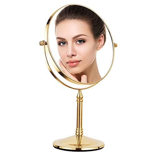 DOWRY 1x/10x Magnifying Mirror on Stand - Gold Table Mirror - Shaving Mirrors Free Standing - Bathroom Makeup Mirror on Stand - 360 ° Rotatable D