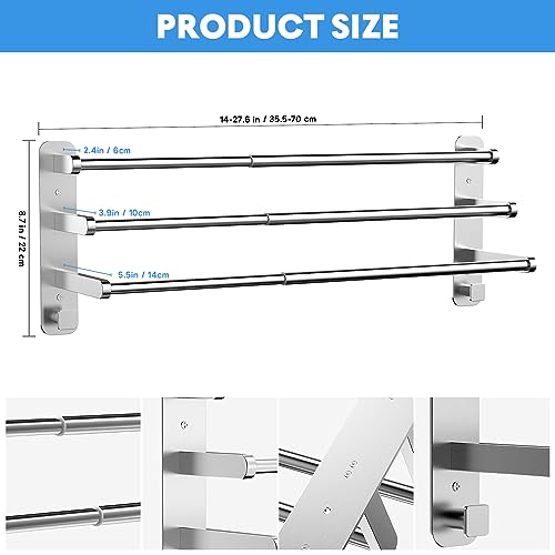 Otoomenz Towel Rail Wall Mounted 3-Tier Bath Towel Rack, 2 Installation Methods Adjustable 35.5-70cm Towel Holder, SUS 304 Stainless Steel Towel