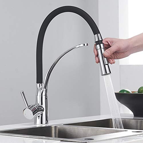 Heable Pull Down Kitchen Sink Mixer Tap with Dual Function Sprayer, Single Lever Swivel Spout Kitchen Taps with Black Silicone Hose, Available Ch