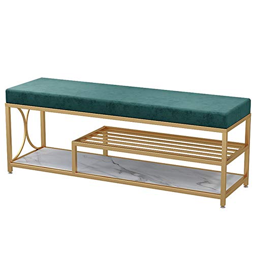 Shoe Rack Shoe Changing Stool Velvet seat Double Convenient Storage Design Metal Bedroom Bed end Stool (Color : Green, Size : 60cm/23.6in)