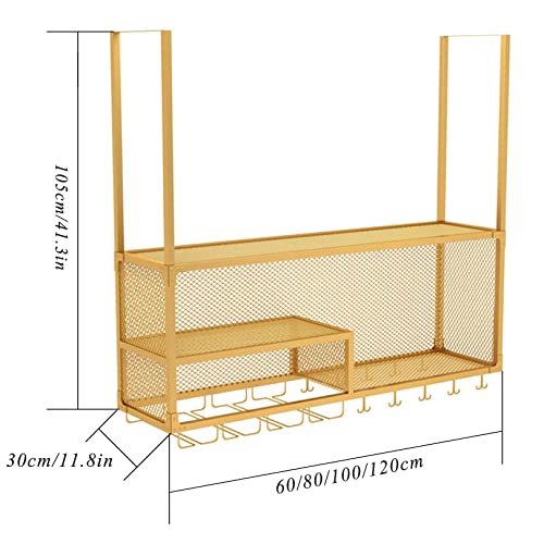 Hanging Wine Rack with Glass Holder and Shelf, 2-Layer Industrial Hanging Wine Glass Rack Ceiling, Iron Bottle Holder Wine Shelf