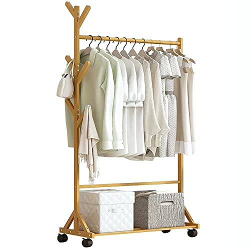 Clothes rack on wheels, bamboo coat rack, clothes rack with clothes rail and tree-shaped hooks, clothes rack with shelves, bamboo clothes rack fo