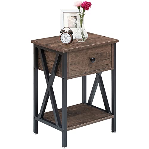 VECELO Vintage Nightstand, End Side Table with Drawer and Shelf, Home Decoration for Living Room Bedroom, X-Shape Legs and Water-Proof Surface, H