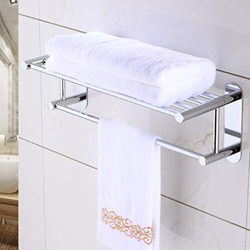 N/A Stainless Steel Towel Racks with Shelf, Bathroom Shelf with Towel Bar Rod for Wall Mount, Multifunction Double Towel Holder Hotel Style