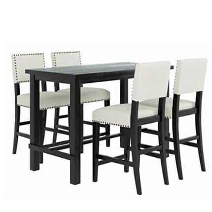 WALNUT 5 Piece Counter Height Dining Table Set Black Table And 4 Chairs Furniture In Beige