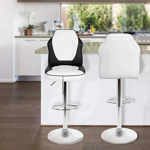 MoNiBloom White-Black Blocking Bar Stools Set of 2, Vibrant Racing Style Height Adjustable PU Leather Barstools with Footrest, 360° Swivel Kitche