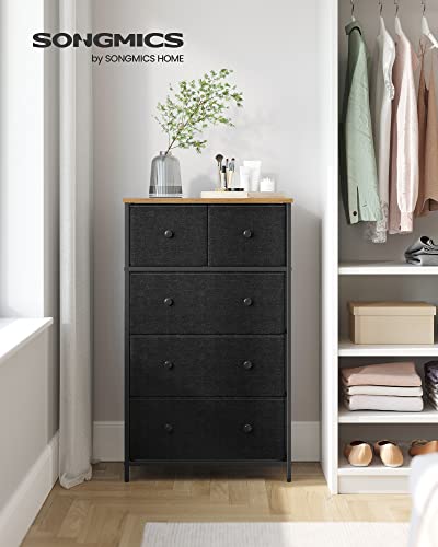 SONGMICS Storage Tower with 5 Fabric Drawers, Dresser Unit, for Living Room, Hallway, Nursery, Particleboard, Non-Woven, Solid Knob Metal Wood, B