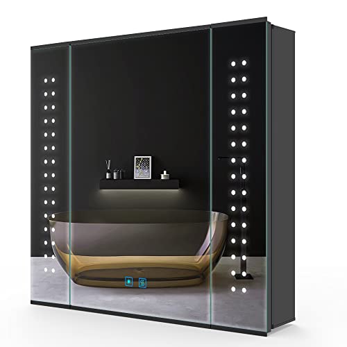 LUMIRRORS® Bathroom Mirror Cabinet 65x60cm with LED Light Shaver Socket Anti-fog Touch-Switch Dimmer Aluminium Wall mounted Cabinets Storage Cupb