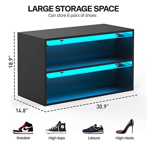 CHF DPT Sneaker Storage with LED Lights for Up To 6 Pairs of Shoes, Shoe Case Display with Glass Door, Clear Shoe Boxes Stackable and Wooden Show