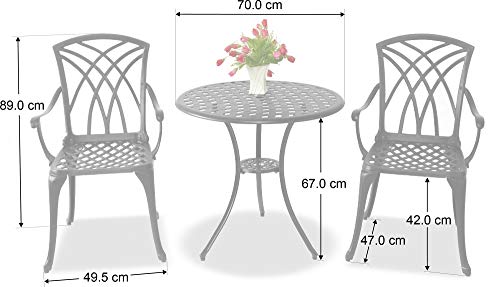 Homeology OSHOWA Cast Aluminium Weatherproof Outdoor Table with 2 Chairs Bistro Set