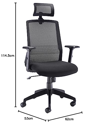 Office Hippo High Back Office Chair with Arms, Mesh Office Chair for Home, Lumbar Support and Adjustable Arms, Swivel, Fabric, Black
