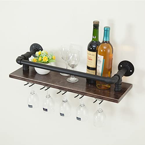 Industrial Wine Rack Wall Mounted with Wine Stemware Rack Vintage Rustic Wine Bottle Glass Holder - Holds 5 Glasses and 5 Wine Bottles - 23.6 * 7